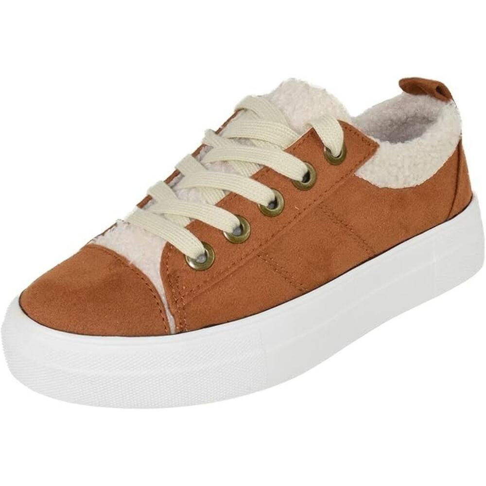 Women Lace-Up Platform Sneakers Faux Fur Tan Low Top Shoes Soda Endear-G Size 8